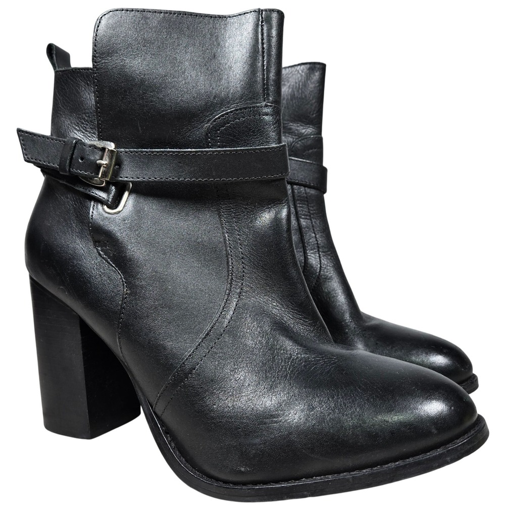 Lane Bryant Black Leather Ankle Boots Block Heel Buckle Side Zip Womens Size 10W